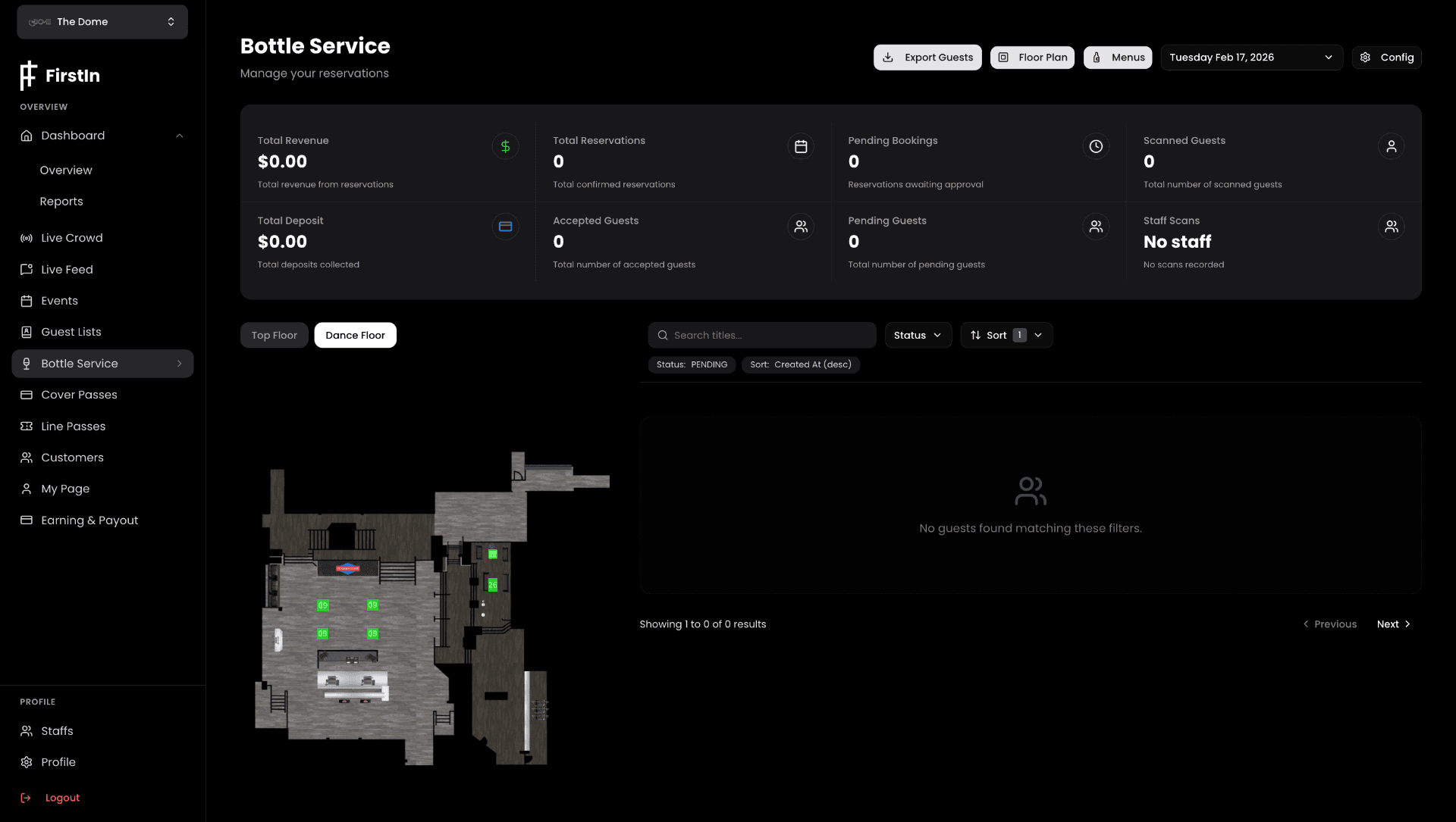 FirstIn Bottle Service dashboard