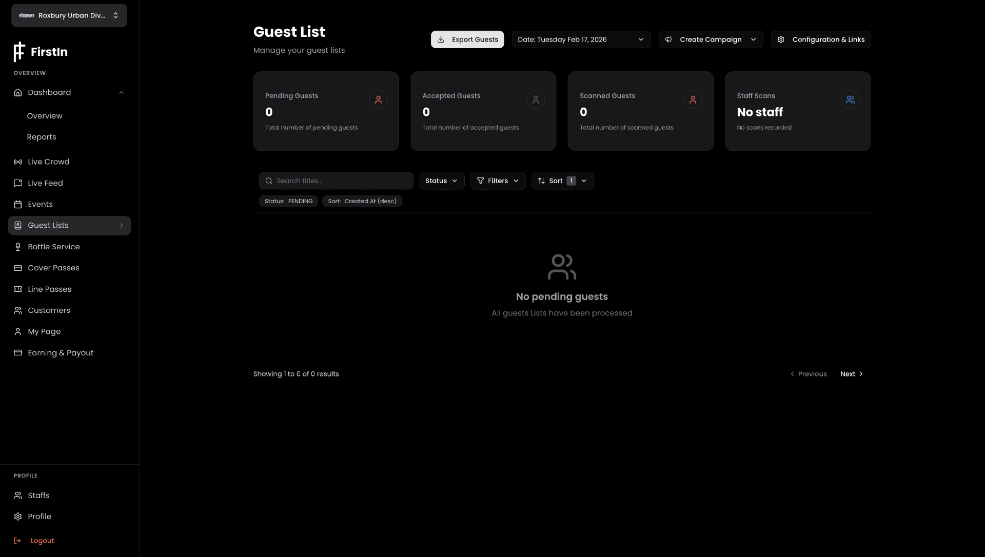 FirstIn Guest List dashboard