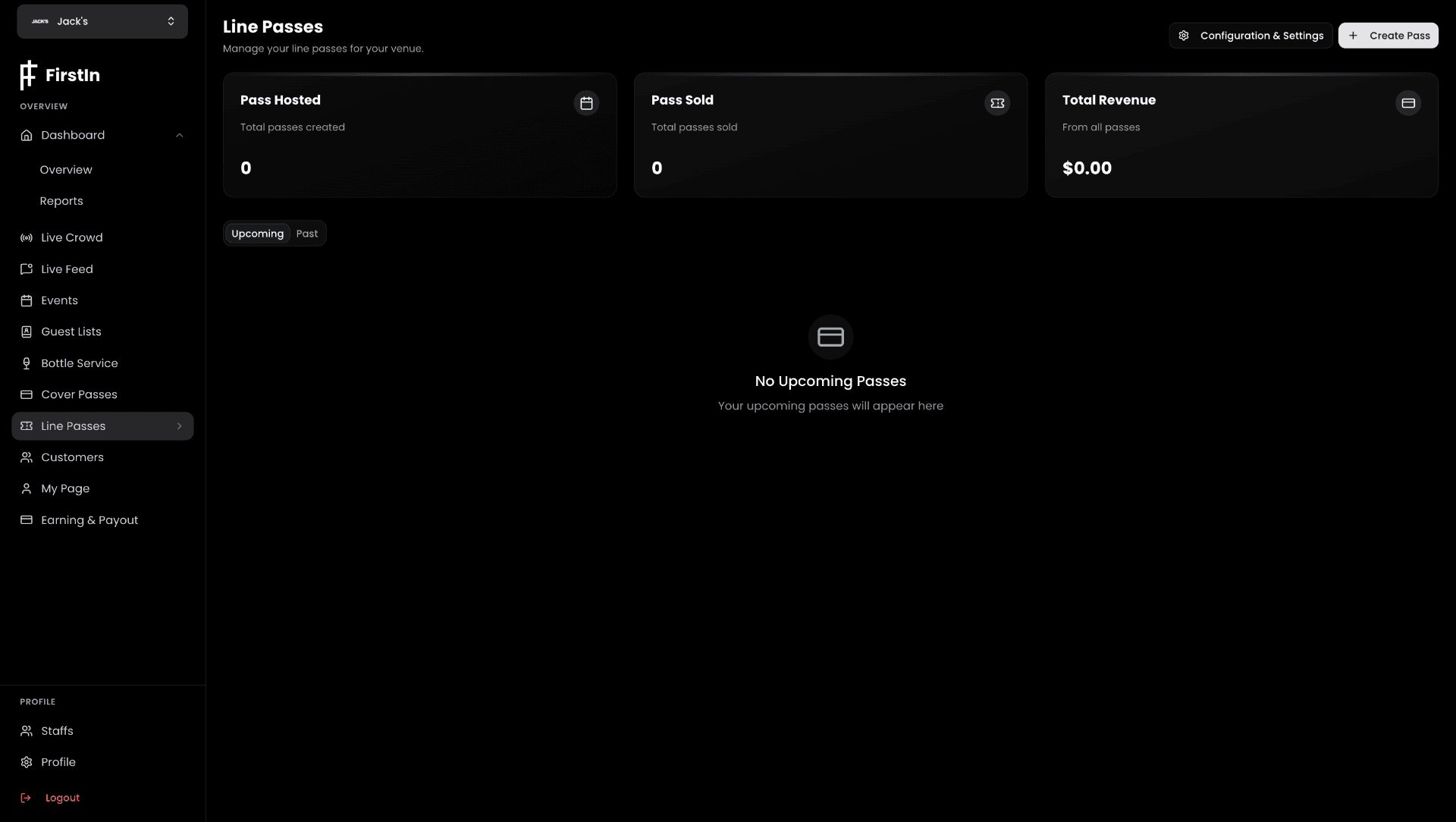 FirstIn Line Passes dashboard