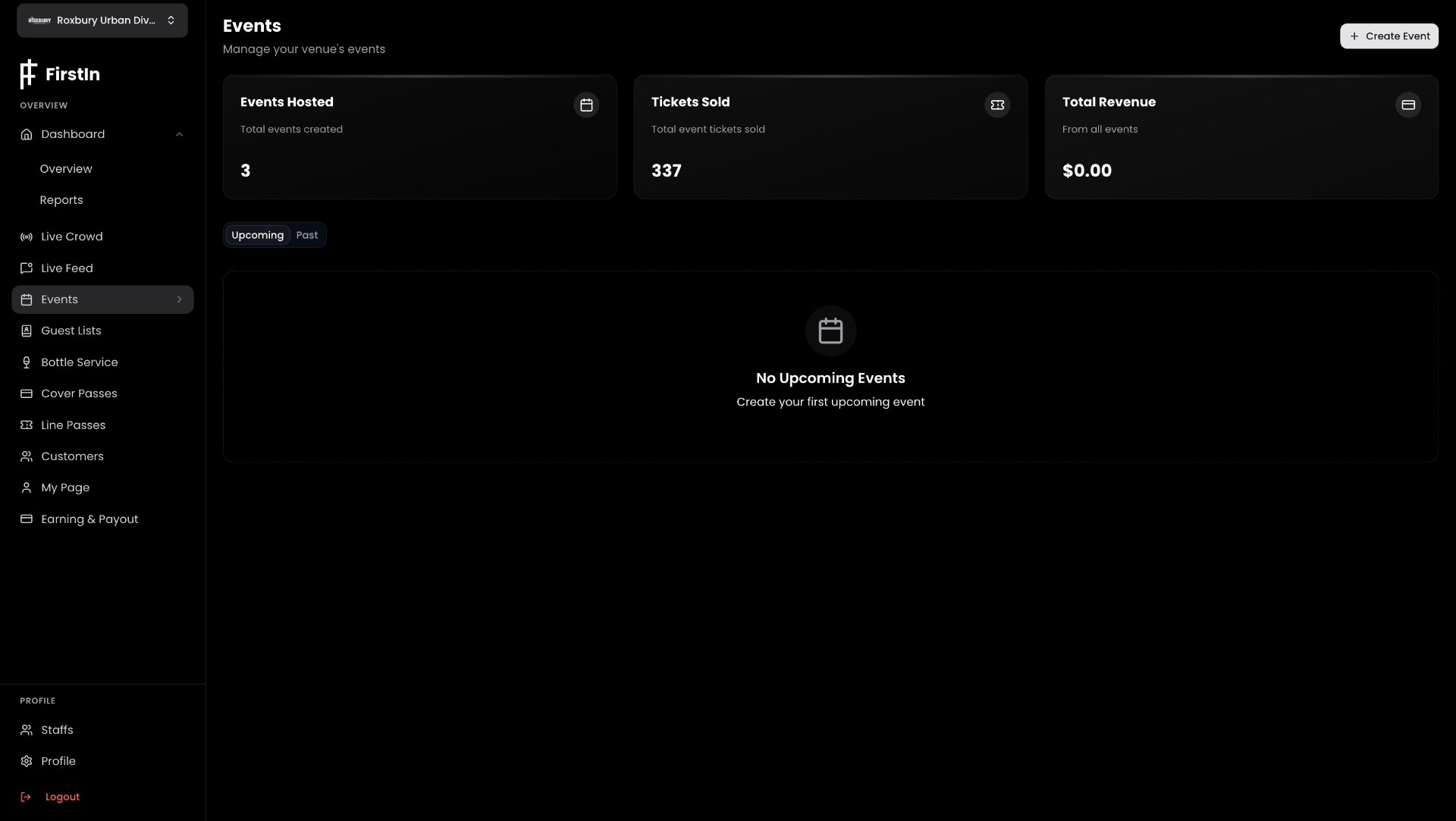 FirstIn Events dashboard